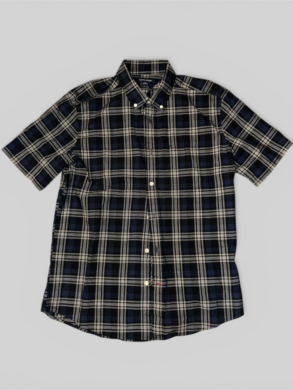 Tommy Hilfiger Men’s Black and Gray Plaid Classic Fit Button-Up Shirt